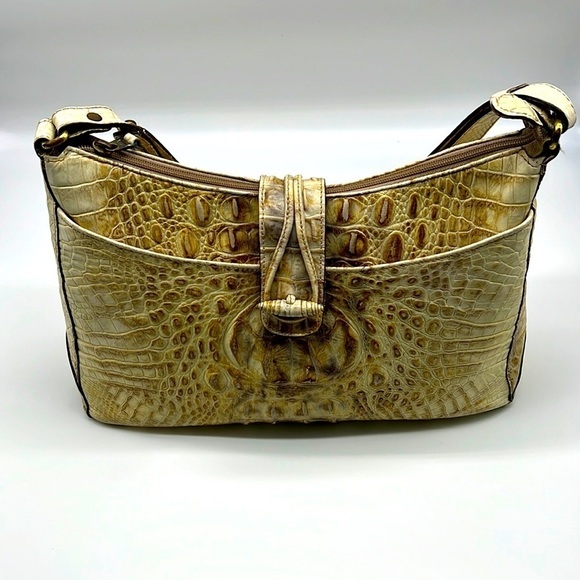 Brahmin - Vintage Ivory And Brown Crocodile Leather Zip Closure Shoulder Bag - Picture 1 of 15